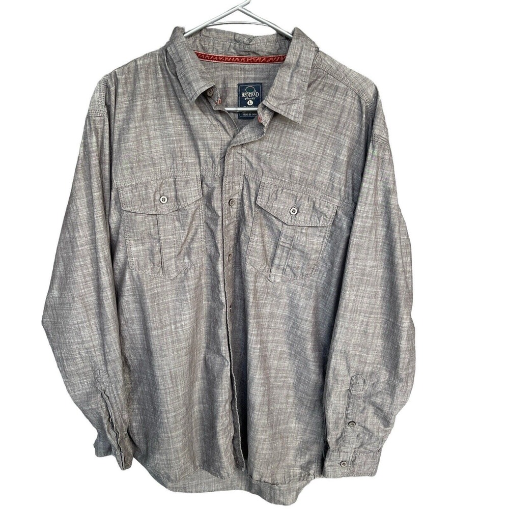 Redhead‎ Shirt Mens Large Gray Button Up Long Sleeve Cotton Outdoor Casual Solid